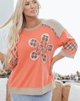 Plaid Flower Waffle Knit Patchwork 3/4 Sleeve Top