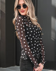 Polka Dot Mesh Mock Neck Long Sleeve Top