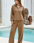 Solid V-Neck Top and High Waist Pants Set