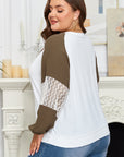 Plus Size Colorblock Lace Patchwork Balloon Sleeve Top