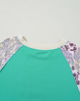 Sky Blue Plus Size Plaid Floral Patchwork Raglan Sleeve Sweatshirt