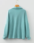 Corded Knit Roll-Up Sleeve Collared Henley Top