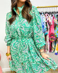 Paisley Button-Front Tied Waist Mini Dress