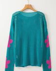 Floral Hollowed Knit Drop Shoulder Pullover Sweater