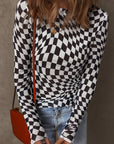 Checker Mesh Mock Neck Long Sleeve Top