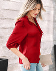 Solid Frilled Bow Tie V-Neck 3/4 Sleeve Blouse