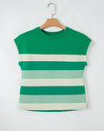 Stripe Mixed Crew Neck Cap Sleeve T-Shirt