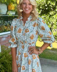 Floral Frilled V-Neck 3/4 Sleeve Midi Dress