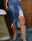 Denim Asymmetrical Distressed Midi Skirt