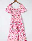 Abstract Brush Stroke Smocked Ruffle Tiered Dress