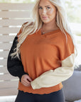 Colorblock Raw Edge Bubble Sleeve V-Neck Sweater