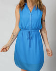 Solid Collared V-Neck Elastic Waist Sleeveless Dress