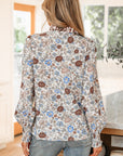 Floral Plaid Frilled Trim Long Sleeve Blouse