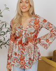Celeste Floral V Neck Knot Bell Sleeve Blouse