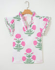 Flower Scallop Contrast Trim Short Sleeve Blouse