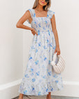 Floral Ruffle Sleeve Smocked High Waist Dress
