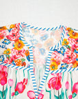 Floral Stripe Detail Split Neck Short Sleeve Blouse
