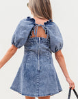 Denim Frilly Square Neck Bustier Puff Sleeve Dress