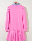 Stripe Contrast Collar Puff Sleeve Ruffle Mini Dress
