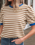 Stripe Contrast Trim Short Puff Sleeve Tee