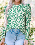 Leopard Mock Neck Puff Sleeve Top