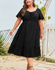 Plus Size Ruched Lace-Up Short Sleeve Midi Dress
