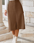 Solid High Waist Front-Slit Midi Skirt