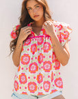 Floral Ricrac Trim Ruffle Sleeve Blouse