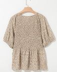 Floral Puff Sleeve Smocked V-Neck Top