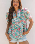 Floral Notched Neck Puff Short Sleeve Blouse