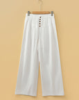 Solid Buttoned Drawstring Waist Pleated Wide Leg Pants