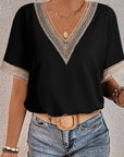 Lace Trim V-Neck Short Sleeve Casual Blouse