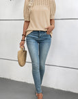 Eyelet Embroidered Patchwork Textured Ruffle Neck Blouse