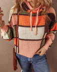 Colorblock Waffle Knit Drawstring Mock Neck Sweater