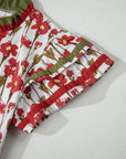 Floral Contrast Trim V-Neck Ruffle Short Sleeve Blouse