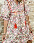 Floral Tassel Tie V-Neck Scalloped Trim Mini Dress