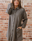 Waffle Knit Pleated Drop Shoulder Shirt Dress
