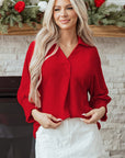 Solid Collared V-Neck Smocked 3/4 Sleeve Top