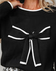 Bow Tie Contrast Trim Cropped Sweater