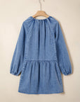 Denim Puff Sleeve Tie V-Neck Ruffle Dress