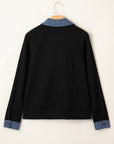 Denim Patchwork Textured Knit Polo Collar Top