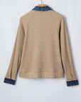 Denim Patchwork Ribbed Knit Polo Collar Top