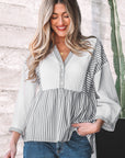 Stripe Gauze Patchwork Half Buttoned Babydoll Blouse