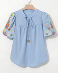 Hadlee Floral Embroidered Puff Sleeve Split Neck Blouse