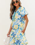 Floral Stripe Trim Puff Short Sleeve Dress