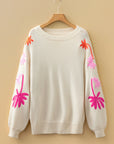 Floral Embroidered Sleeve Round Neck Loose Sweater