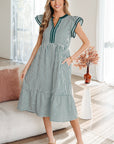 Stripe Ruffle Short Sleeve V-Neck Midi Dress