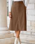 Solid High Waist Front-Slit Midi Skirt