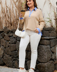 Plus Size Stripe Contrast Trim Waffle Knit Collared Top