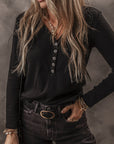 Solid Ribbed V-Neck Buttoned Long Sleeve Top